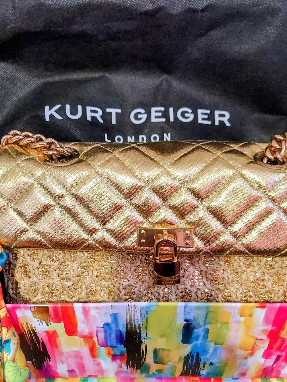 Nwot Kurt Geiger Metallic Gold Rafia Lock Shoulder Bag with Chain